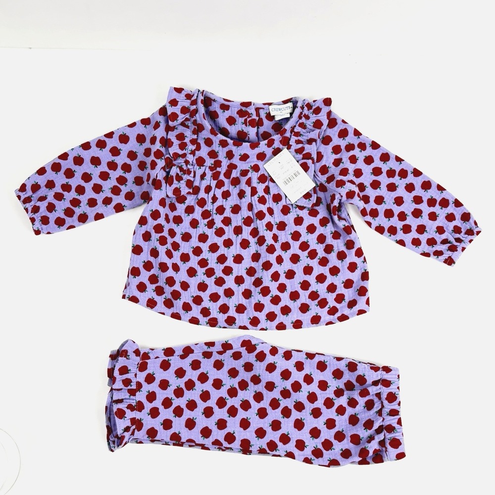 New Crewcuts J Crew Muslin Gauze Ruffle Top Pant Set Girl 6M 12M Apple Print